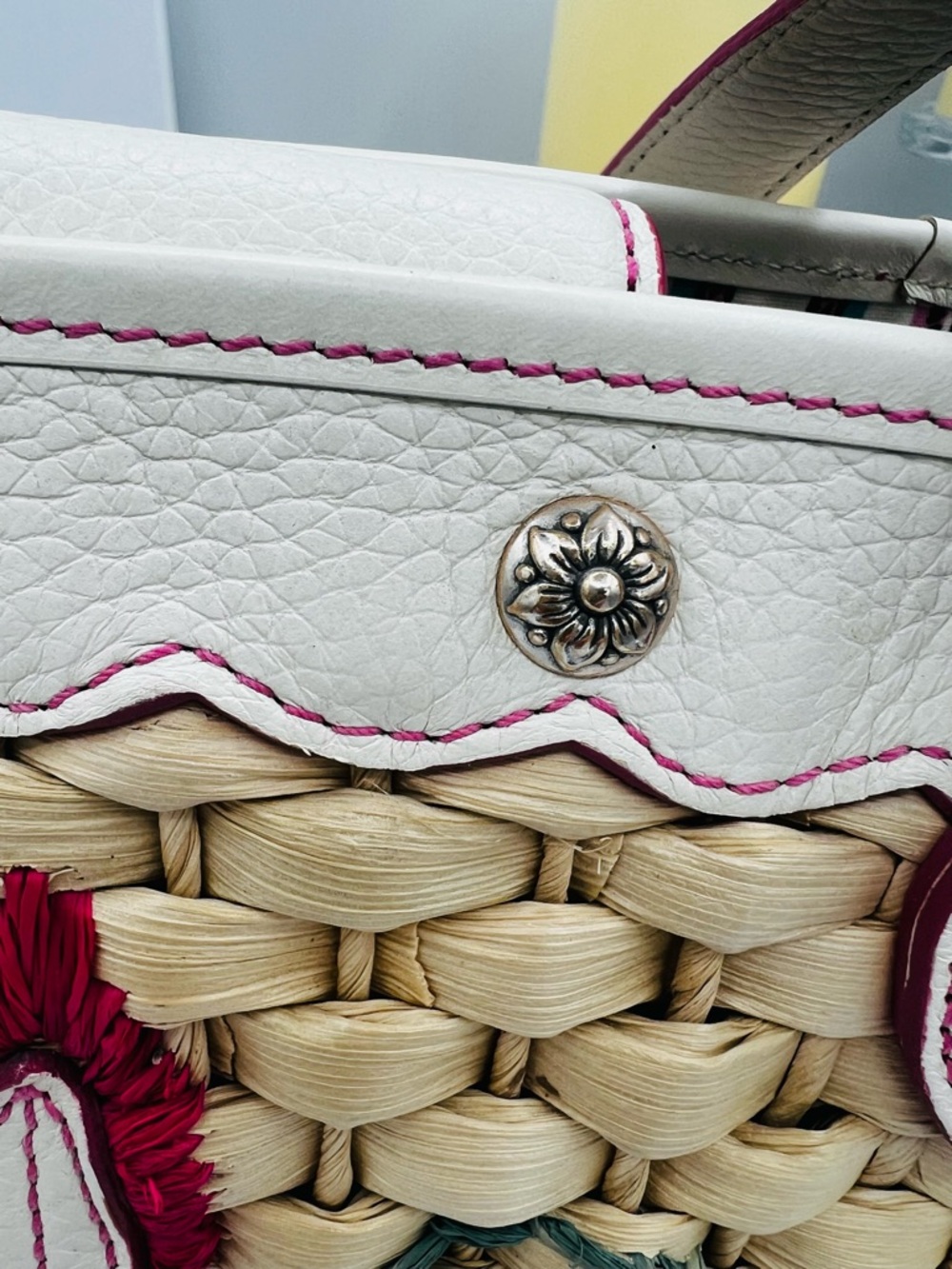 Brighton Straw Tote Floral Embroidery and White Trim - Picture 2 of 13